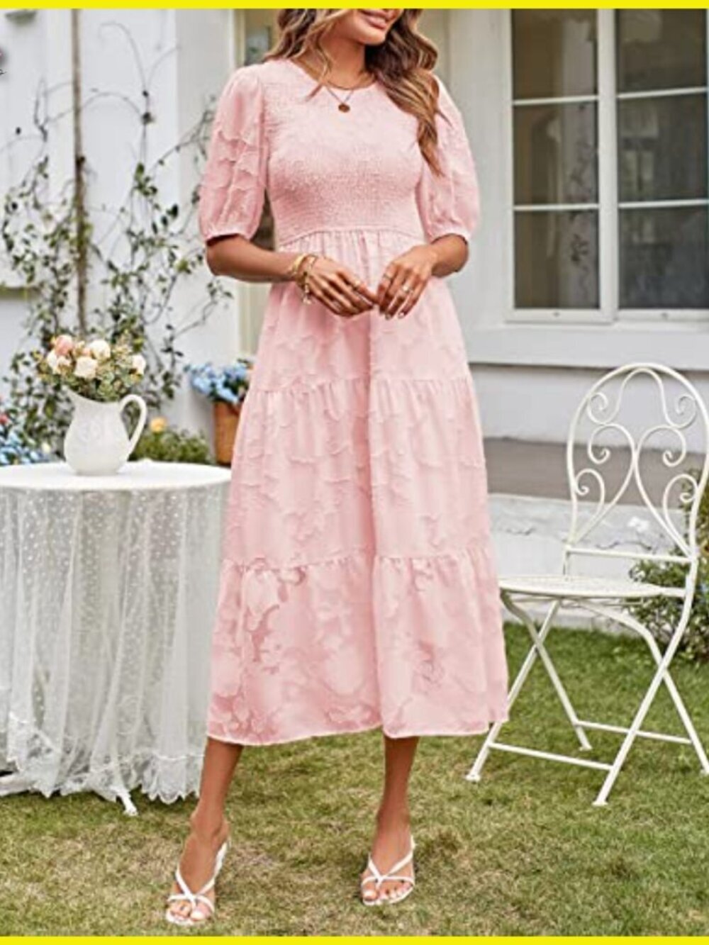 Summer Puff Sleeve Smocked Floral Dress Elegant Midi Tiered A-Line - Picture 3 of 7